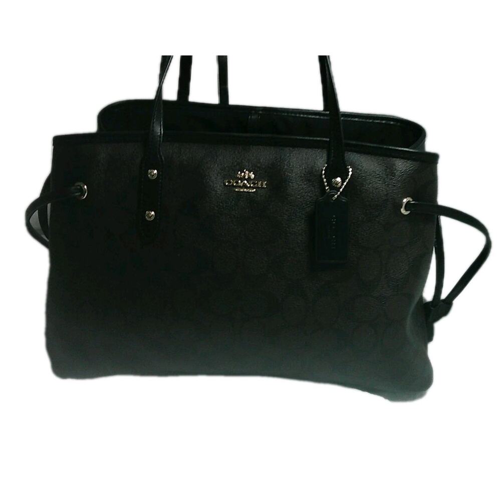 Coach Signature Coated Canvas Tote Black Leather Trim Shoulder Bag F57842 - Picture 2 of 8